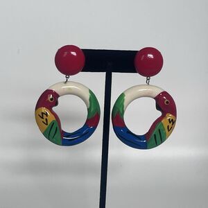 Vintage Parrot Clip On Wood Dangle Earrings Decora Beach Colorful Bright Quirky